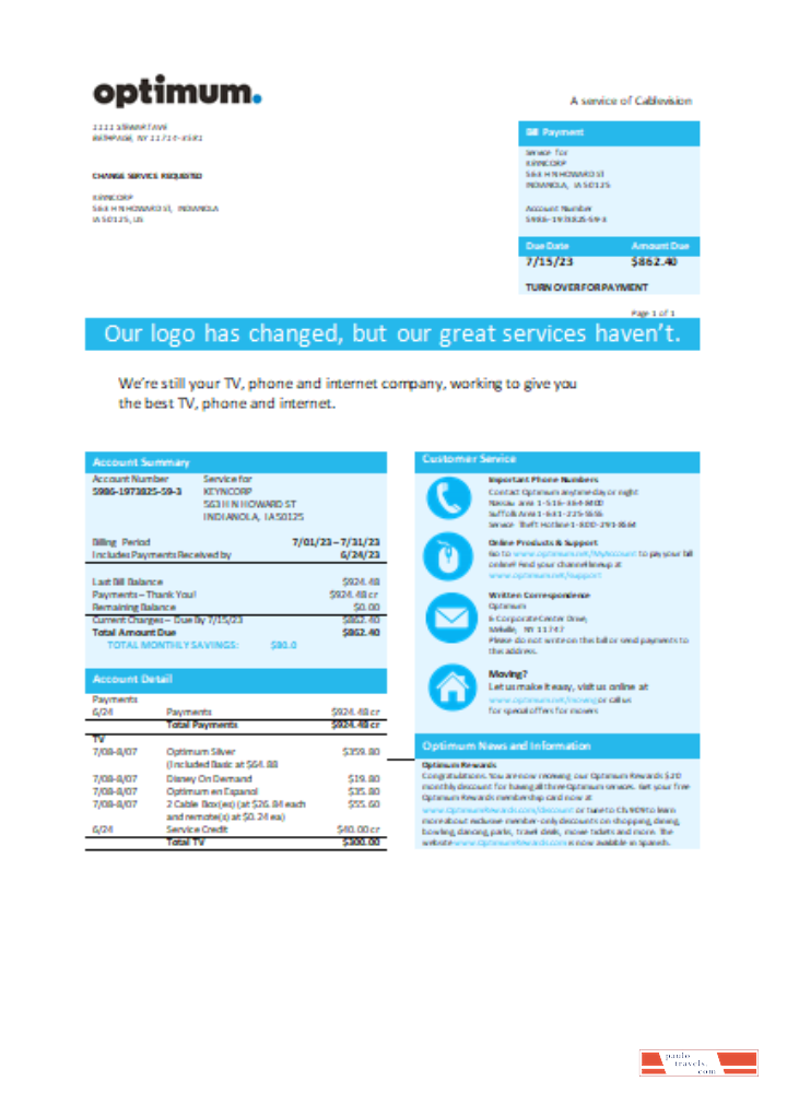 New York Optimum cablevision business bill,  SCR PSD template